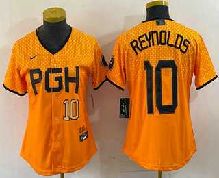 Women%27s Pittsburgh Pirates #10 Bryan Reynolds Number Yellowd 2023 City Connect Stitched Jersey2->mlb womens jerseys->MLB Jersey